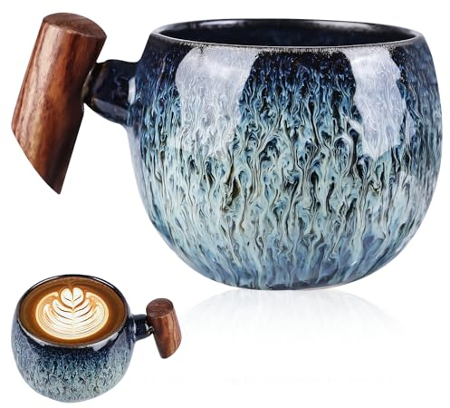 HOMURY Taza japonesa de 230 ml con mango de madera, taza de café de cerámica japonesa, taza de té vintage, taza de desayuno de cereales para espresso, café con leche, té matcha, té verde