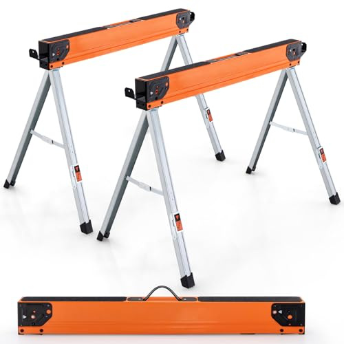 TANGZON 1000KG Folding Saw Horses Twin Pack, 2PCS Heavy Duty Workbench Metal Trestle Stands with 2 x 4 Support Arms, Portable Sawhorses Pair（Black+Orange,106 x 59 x 76 cm)
