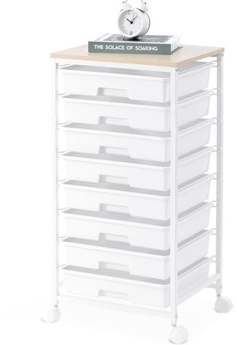 SYKIARIOL Badrollwagen Rollwagen mit 8 Schubladen, Schubladenwagen Rollcontainer mit Holztischplatte für Wohnzimmer Schlafzimmer Büro, großes Fassungsvermögen Bastelwagen, Weiß