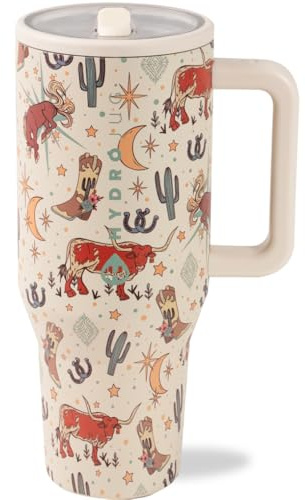 HydroJug Traveler - 40 oz Water Bottle with Handle & Flip Straw - Fits in Cup Holder, Leak Resistant Tumbler-Reusable Insulated Stainless Steel & Rubber Base - Gifts for Women & Men, Rodeo