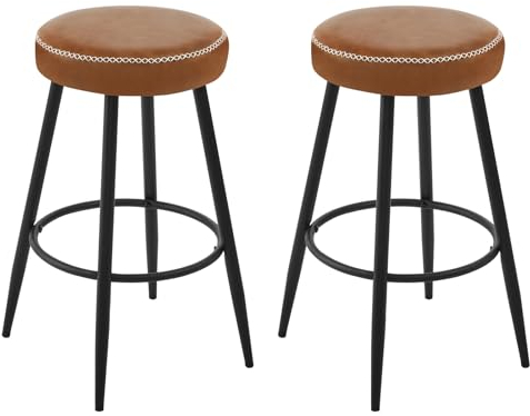 EUGAD Küchenhocker mit Fußstütze, Barhocker 2er Set Hocker Runder Sitzfläche Thekenstuhl Metallgestell, Tresenhocker Vintage-Kunstleder, für Bar Kücheninsel Bistro Küche, Braun, 1083BY-2