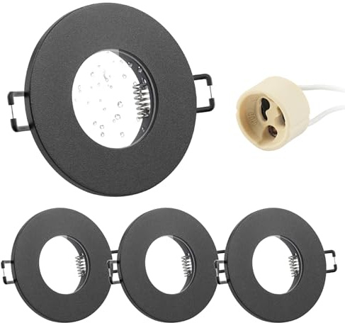 Doughelec 4x infälld spotlight GU10 aluminium, IP65 svart infälld spotfäste monteringsram med GU10-uttag, rund takspot 68 mm vattentät extra platt för LED-badrum, 230 V