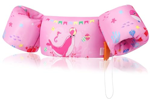 MoKo Gilet de Natation Enfant, Brassards de Natation Enfant Ceinture Réglable Gilet de Flottaison à Dessin Animé Flottant Mignon, Dispositif de Flottaison pour Garçons Filles,20-50 Livres, Sceau Rose
