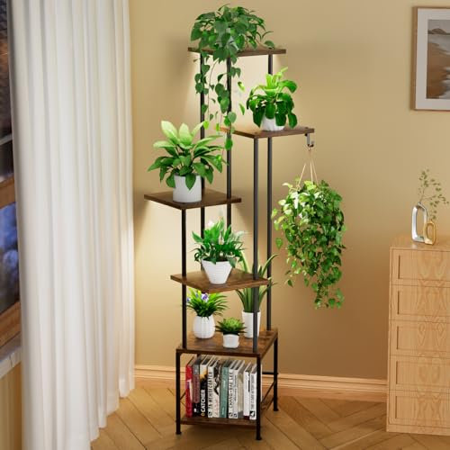 Homsorout Soporte para Plantas con Lámpara de Cultivo - 6 Niveles Esquinero Estanteria Plantas de Metal, 139cm Soporte Macetas Interior, Madera Estantería para Flores para Salón, Jardín, Patio(Marrón)