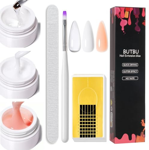 BUTBU Nagelgel-kit för byggmästare, 3 st nagelförlängningsgel, med borste, nagelfil och stativ, för nybörjare och proffs (transparent, vit, rödbrun)
