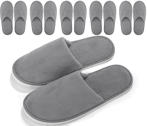 Vivantia 6 Pairs Disposable Spa Slippers Closed Toe Spa Slippers Coral Fleece Washable Towelling Hotel Slipper for Women Men Hotel Guest Home Party Traveling, Grey