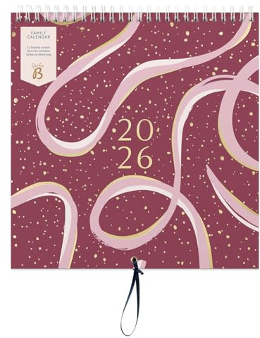 Busy B - Grand calendrier mural familial 2026 - Calendrier mensuel pour familles actives avec 5 colonnes et pochettes de rangement avec des autocollants à code couleur pour - 23.5 x 25.5cm - Bordeaux