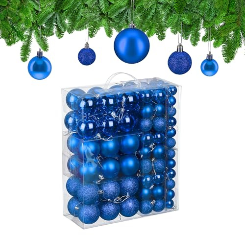 Relaxdays Weihnachtskugeln im 138er Set, Kunststoff, glitzernde, Matte, glänzende Baumkugeln, Christbaumschmuck, blau