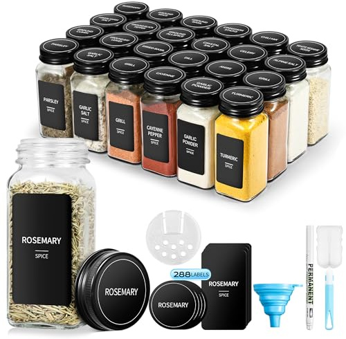 BAVATEE Botes Especias Cristal Set, con Tapa Negros de Rosca, 24 Piezas, 120 ml - 10,5 X 4,5 cm, Spice Jars con Tamiz, Tarros Especias con 288 Etiquetas, Frascos Especiarias con Embudo (24, 120ml)