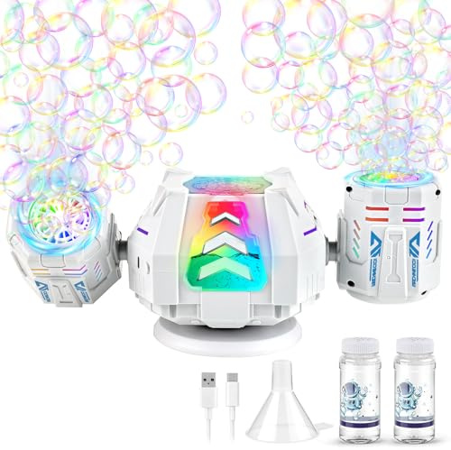Bubble Machine with Remote Control, 360° Auto Rotation 30000+ Big Bubbles Multicolor LED Lights, Rechargeable Bubble Machine for Parties Birthday Wedding Boys Girls Indoor Outdoor