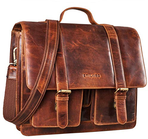 STILORD große Leder Aktentasche Cognac - Vintage Lehrer-Tasche - Businesstasche aus Rindsleder - Schultasche - Klassische Laptoptasche Marius