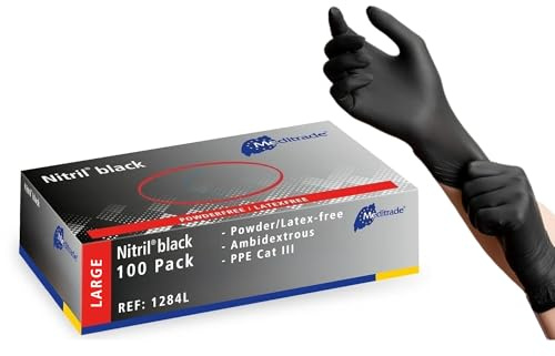 Meditrade Nitril® Black Nitrile Examination Gloves - Powder-Free, Latex-Free, Multi Use Protective Exam Gloves - Size Large - Black - 100pcs