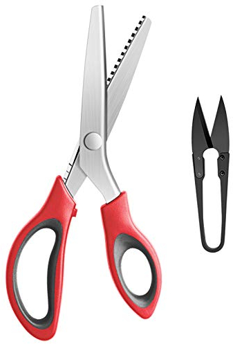 KUONIIY Schere gezahnt, Komfortgriffe gehandhabt, professionelle Schneiderei, Zick-Zack-Schere, 9 Zoll, Rot Schwarz