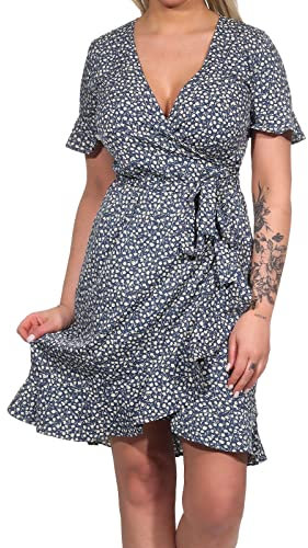 ONLY Damen Blusen Wickelkleid Lockeres Midi Kurzarm Tunika Dress Knielang mit Bindegürtel ONLOLIVIA, Farben:Blau-3, Größe:38