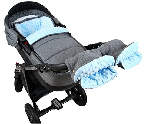 BABYLUX Fußsack 90cm MINKY Kinderwagen Buggy Babyschale Thermo +/ Muff Handmuff Winterfußsack (Grau + Blau mit Handmuff)