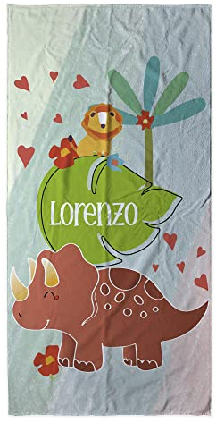 LolaPix Strandtuch Blau. Badetuch Kinder Personalisiert. Handtuch mit Namen. Strand/Schwimmbad. Baumwolle und Mikrofaser. Verschiedene Größen. Baby-Dino-Löwe