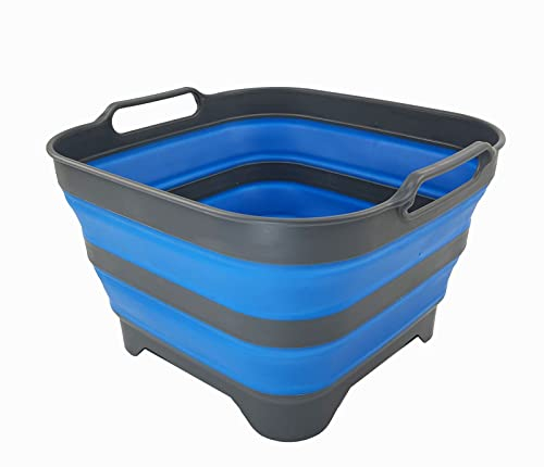 SAMMART 10 l zusammenklappbare Geschirrpfanne mit Abtropfstöpsel – faltbares Waschbecken – tragbare Geschirrwaschwanne – platzsparende Küchenaufbewahrung (Grau/Blau)