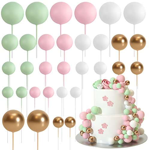 ASTARON 32 piezas de bolas para decoración de tartas, mini globos, palitos para decoración de tartas, bolas de espuma, púas para tartas para bodas, fiestas, cumpleaños (rosa verde)