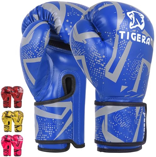 Tigera Kinder Boxhandschuhe | Kickboxen, Muay Thai Sparring, Training | Boxsack - Sandsack | Kampfsport, Punchinghandschuhe Coachinghandschuhe für Jungen, Mädchen (6oz, Blue)