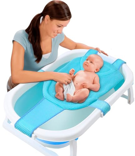 Red de baño para bebé, antideslizante, con cojín de esponja ajustable, malla suave al tacto, con 5 ángulos de soporte de seguridad, para 0-24 meses (azul)