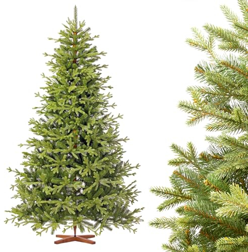 FAIRYTREES Weihnachtsbaum künstlich 220cm BAYERISCHE Tanne Premium | Made in EU | Christbaum Holzständer | Tannenbaum künstlich mit Naturgetreue Spritzguss Elemente