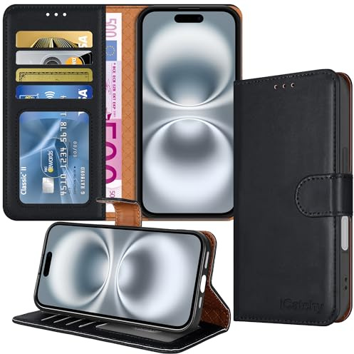 iCatchy For iPhone 16 Case Wallet, Premium PU Leather Flip Cover with RFID Blocking, 4 Card Slots, Magnetic Closure, Kickstand, Shockproof Folio Phone Case for iPhone 16 6.1 inch, Black