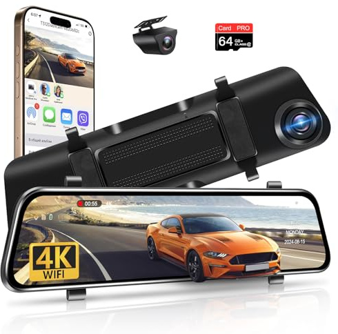 WiFi 4K backkamera spegel 12 tums spegel dashcam bilkamera med 64 GB kort, digital backspegelkamera med WDR mörkerseende parkeringshjälp loopinspelning G-sensor