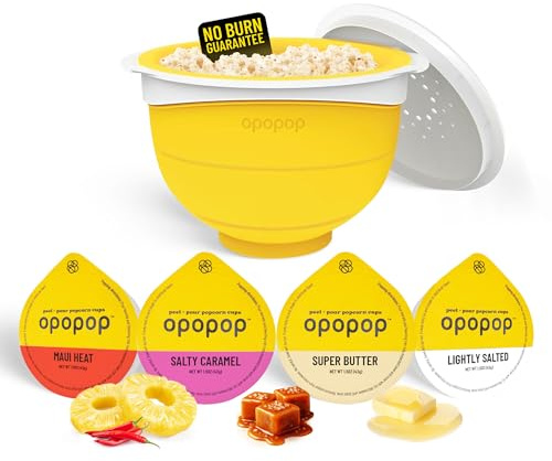 Opopop Popcorn pour micro-ondes – Lot de 4 variétés de popcorn gourmet en silicone, machine à popcorn pliable, machine à popcorn, portion sans gluten, sans BPA, passe au lave-vaisselle