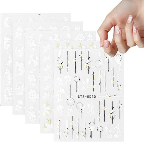 MXTIMWAN 5 Blatt 3D Nagelsticker, Frühlings Weiß Blume Nail Art Sticker, 5D Stereoskopisch Nagel Stickers, Selbstklebend Nagelaufkleber Dekoration Nageldesign Zubehör
