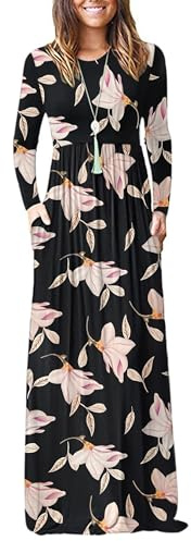 AUSELILY Vestido Maxi Casual de Manga Larga para Mujer Ipomea 2XL | Vestidos de Otoño/Invierno para Mujer, Vestido Largo Casual con Bolsillos, Cuello Redondo, Uso Diario, Tela Cómoda