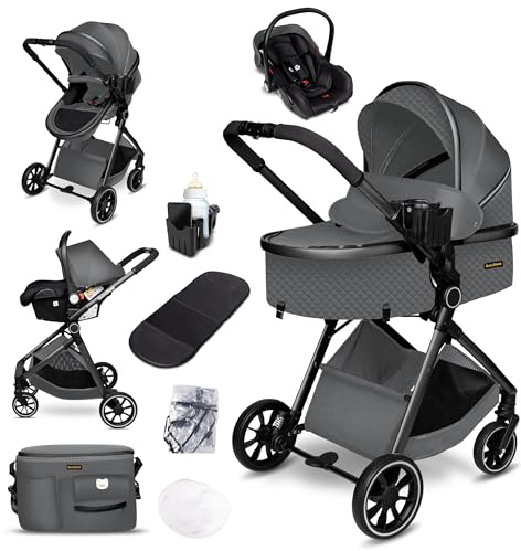 GaGaDumi SoHo 3-i-1 Barnvagn med Liggdelen och Bilbarnstol i-Size – Lätt och Hopfällbar Vagn med Tillbehör – För Nyfödda upp till 22 kg