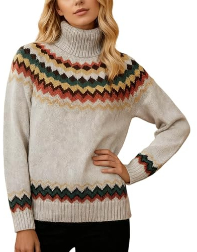 Jersey de cuello alto para mujer con estampado de zigzag de colores - Suéter de punto de estilo noruego | Jersey de invierno acogedor y colorido, Style_e01 Beige, L