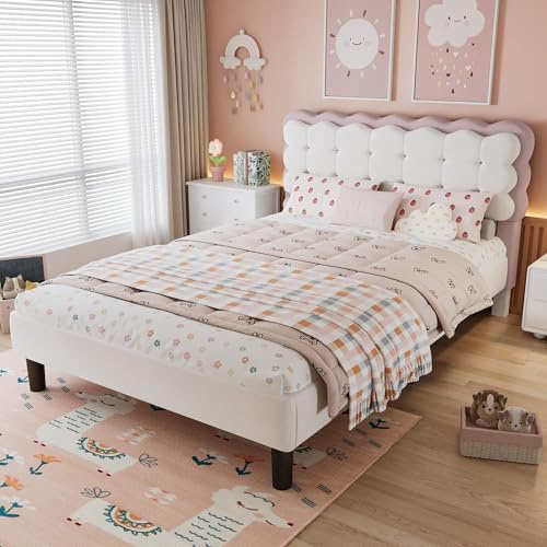 BTM Upholstered Double Bed, Children's Bed with Biscuit Shape Velvet BVackrest, Double Bed Frame, Velvet+Plywood, Beige+Pink, 4ft6-135x190cm(No Mattress)