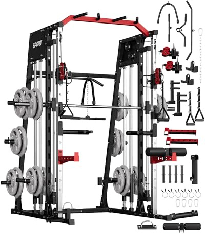 GarveeLife Smith Machine Home Gym All in One, 2200 LBS Squat Rack Power Cage with Smith Bar, LAT Pull-Down, Cable Systems, Leg Hold-Down and More Attachments, Workout Equipment (Red Black)