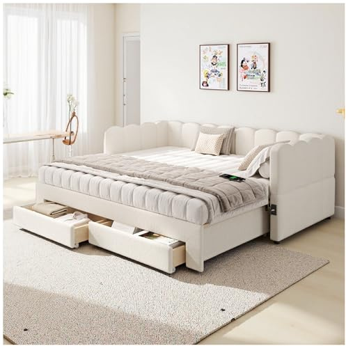 Wyibwy Letto imbottito 90x190cm, divano letto estraibile con due cassetti e porte USB, rete una piazza e mezza, letto singolo con cassetti, tessuto di lino, beige (senza materasso)