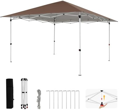 GOPLUS Carpa Plegable 3,5x3,5 cm, Cenador Pop-up de Jardín, Altura Ajustable, Bolsa de Transporte, Protección Solar, Gazebo para Fiestas (Marrón,Sin Mosquiteras)