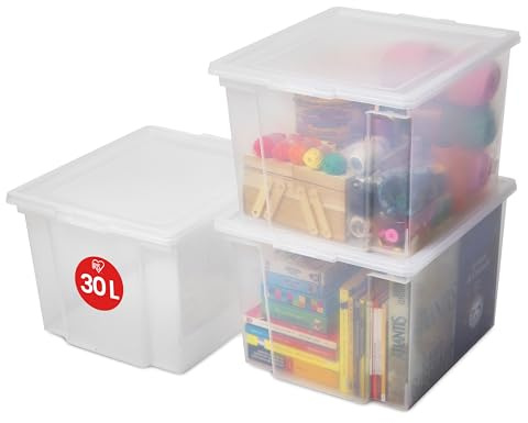 Iris Ohyama Vielseitige Aufbewahrungsbox mit Deckel, Stapelboxen, 30L, 3er-Set, Transparent, Stapelbar, Plastik, Für Schrank, Regale, Organisation, Kleidung, Bettlaken, Plastikbox mit Deckel, USB-M