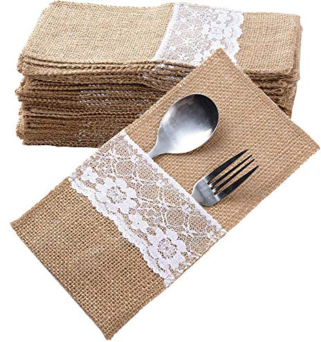 40 Stück Jute Bestecktaschen Besteckbeutel Besteckhalter Sackleinen mit Spitze Vintage Hochzeitsdeko Tischdeko für Hochzeit Party