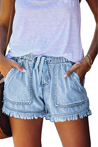 HVEPUO Linne- och bomullsshorts för damer, med elastiskt band, hotpants för sommaren, breda och korta byxor, A-ljusblå, S
