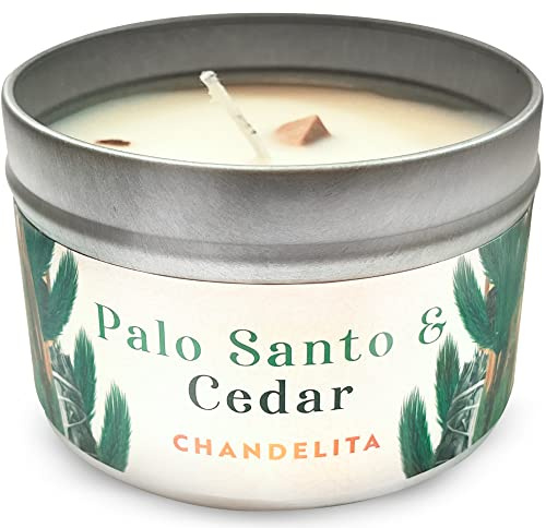 Chandelita Bougie Parfumées au Palo Santo & Cèdre avec Morceaux & Cire de Soja pour Relaxation, Méditation & Guérison des Chakras – Bougie Parfumée Artisanale – Bougies Parfumée Bien-être