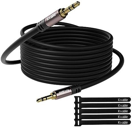 Kxable 3.5mm Auxiliary Audio Stereo Cable 25 Feet, Long Male to Male Aux Cord, Gold Plated Connectors, OFC Core, Black Cable (with 5 pcs Cable Ties) - 25ft