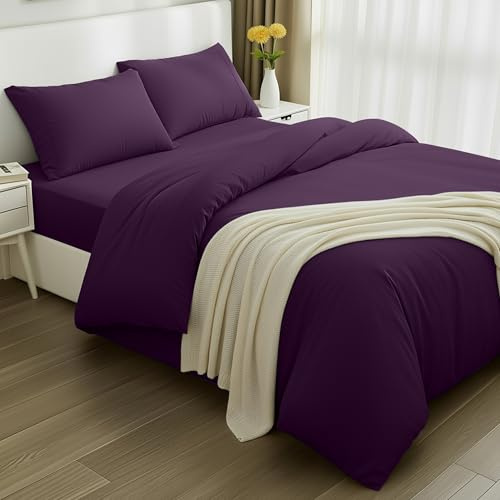Utopia Bedding 4 Piece Double Bedding Set - Duvet Cover, Fitted Sheet with Pillow cases - Soft Brushed Microfiber (Purple)