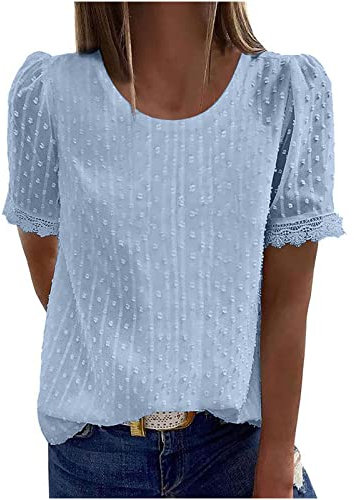 AMhomely Summer Tops for Women UK Chiffon Blouse Casual T-Shirt Rounk Neck Short Sleeve Lace Blouse Solid Color Loose Pullover Tops Elegant Tunic Tops Ladies Henley T-Shirt Basic Tops