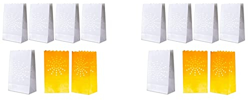 liovitor 100 Stück weiße Lichttüten, schwer entflammbare Kerzentüten, Sonnendesign, Leuchten für Hochzeit, Party, Halloween, Weihnachten