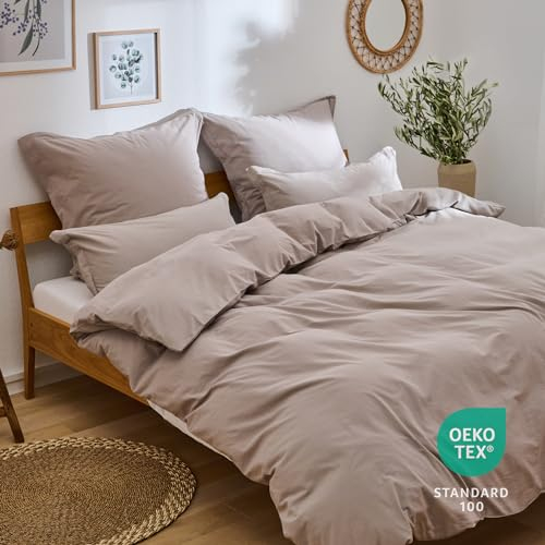 Blumtal Bettwäsche 135x200 Leinen Optik 2teilig mit Kissenbezug 80x80cm - Bettbezug leinenartige Baumwolle, ähnlich wie Leinen Bettwäsche 135x200 cm - Oeko-TEX zert. Stone Washed Bettbezug Taupe