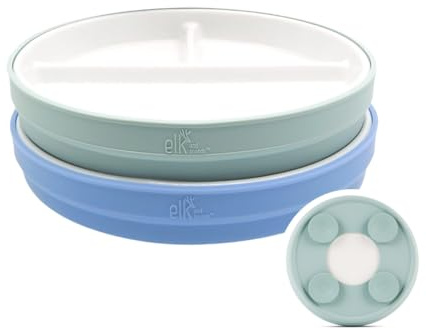 Elk and Friends Assiettes compartimentées en porcelaine pour enfants de 19,8 cm avec ventouses en silicone. Convient aux tout-petits. Passe au et au lave-vaisselle. Plats à collation antidérapants.