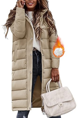 Vancavoo Women's Coats Long Quilted Jacket Winter Ladies Padded Parka Warm Fleece Lined Thick Overcoat Water Repellent Outerwear(Khaki,M)