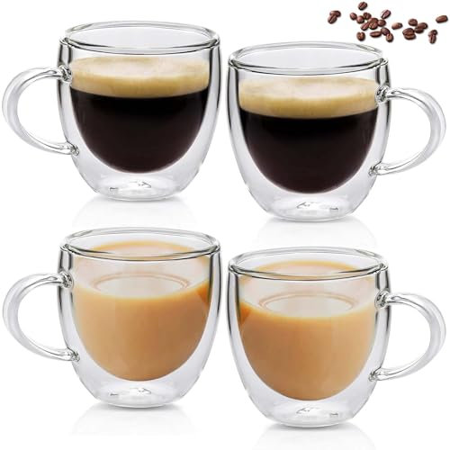 4 vasos de doble pared para latte macchiato, 250 ml, vidrio de borosilicato con asa, resistente al calor y al frío, tazas de café para capuchino, café con leche, zumo, cerveza