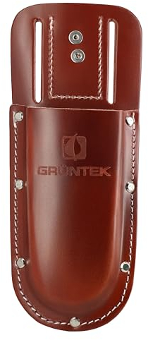 GRÜNTEK Premium Gartenscheren-Holster, Hochwertiges Burgunder-rotes Echt-Leder, sicherer Halt, Gürtelschlaufe, Starke Halteklammer, Werkzeug-Halter für Garten-Scheren, Etui, Halfter, Halterung