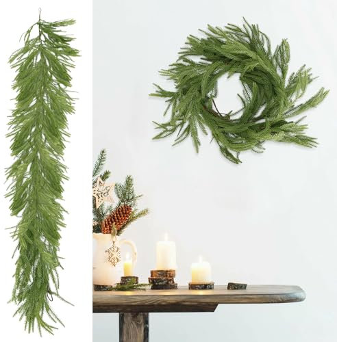 Guirlande Sapin Artificiel Réaliste en Vert Couronnes et Guirlandes de Noël, Décoration Noel Interieur Maison, Guirlande pour Chambre Porte Mur (183cm)